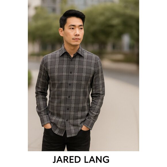 Jared Lang Men’s Plaid Button-Up Shirt – Black & White Check Pattern, Modern Fit - Picture 1 of 8